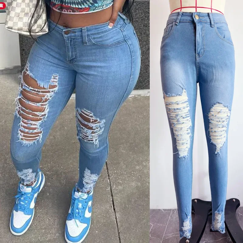 Hole Jeans Women Denim Pencil Pants Ripped Skinny Stretch High Waist Washed Distressed  Streetwear Ankle Length Trousers