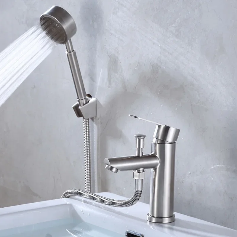 Stainless Steel Single Hole Basin Faucet with Shower Head, Dual-use Hot and Cold Water Bathroom Sink for Washing Face