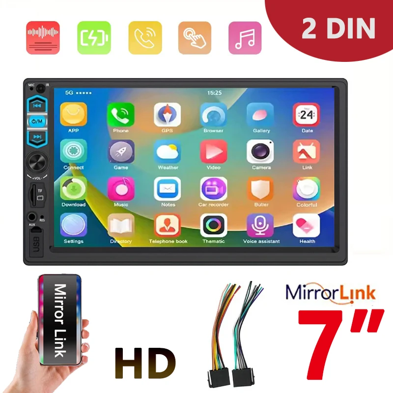 

7-дюймовый автомобильный радиоприемник, мультимедийный плеер, MP5, стерео головное устройство с FM/USB/AUX/зеркальной навигацией, вождение громкой связи