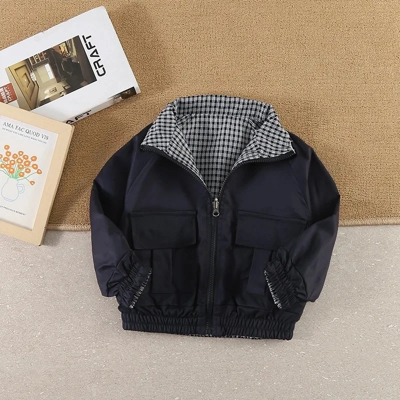 Spring Autumn New Boys' Reversible Korean Style Jacket Stand Collar Handsome