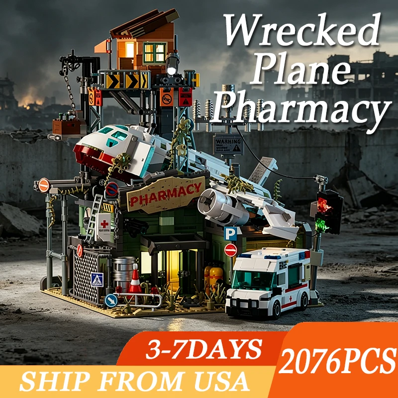 2076PCS Wrecked Plane Pharmacy Building Blocks Set MOC City Street View Bricks Model Desktop Ornament DIY Assembly Toys For Birthday Christmas Gifts