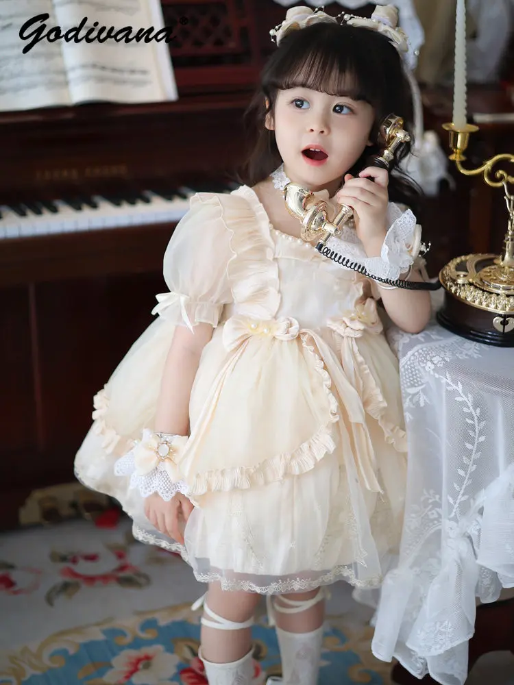 Sweet Baby Girl French Princess Lolita Dress Kids Summer New High End Heavy Puff Sleeve Ruffle Trim Pearls Neck Mesh Ball Gown