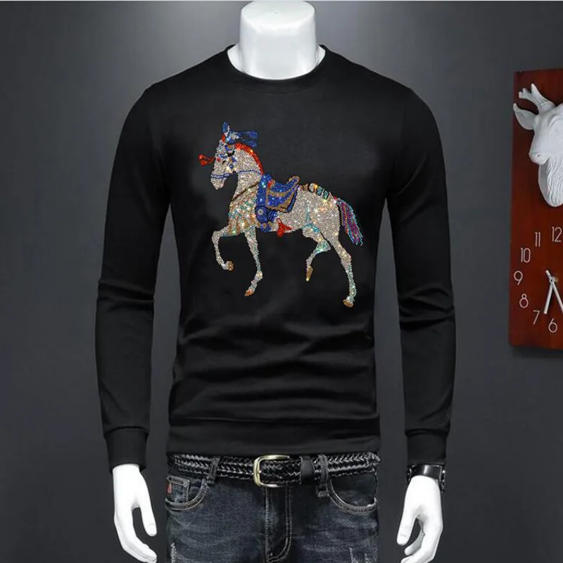 Men hoodies long  Sleeve Casual  Male Rhinestones horse  slim fit  Homme Top  hoody 086