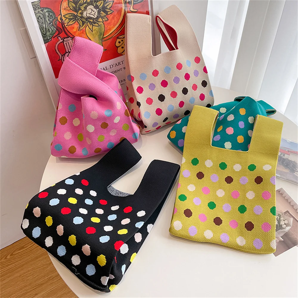 Colorful Dots Knitted Handbag Women Mini Knot Wrist Bag Portable Casual Walking Square Vest Bag Reusable Travel Shopping Bag