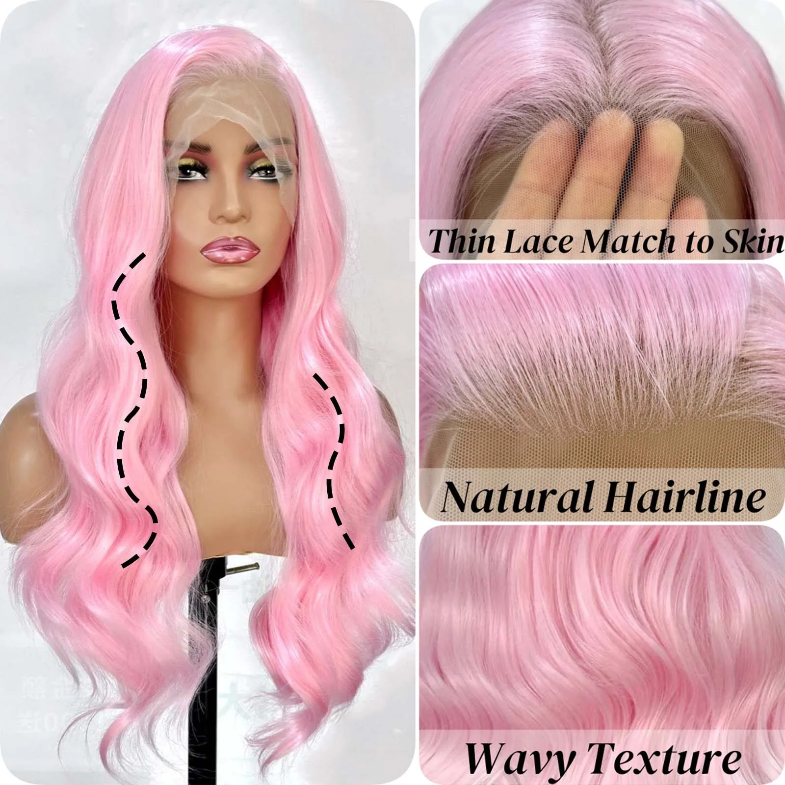 Long Pink Wavy wig for Women Curly Synthetic Hair Natural Wave Free Part 13X4 Lace Front Colored Wigs for Daily Party Cosplay