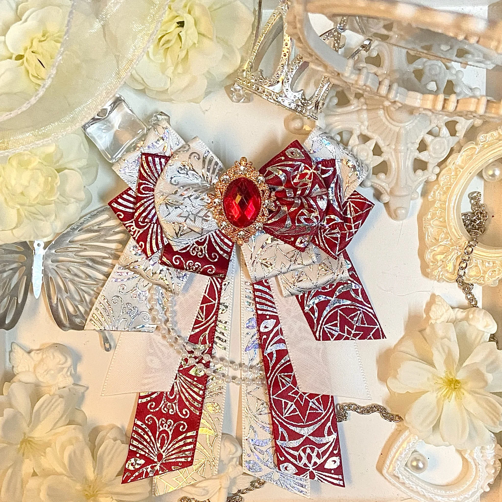 

Pure Handmade Lolita Laser Bowtie Anime Concert Support Stick Bow Accessory Shirt Collar Flower Luxury Rhinestone Brooch Jewelry