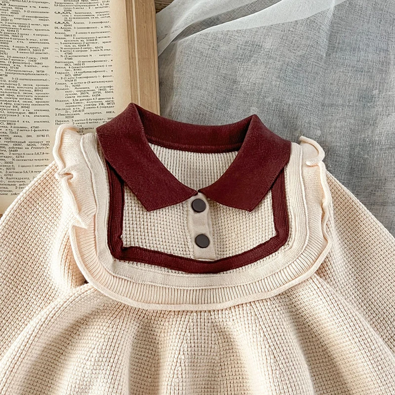 2024 New Autumn European American Style Infant Baby Girl Party Dress Long Sleeved Knitted Splicing Kids Knitting Princess Dress