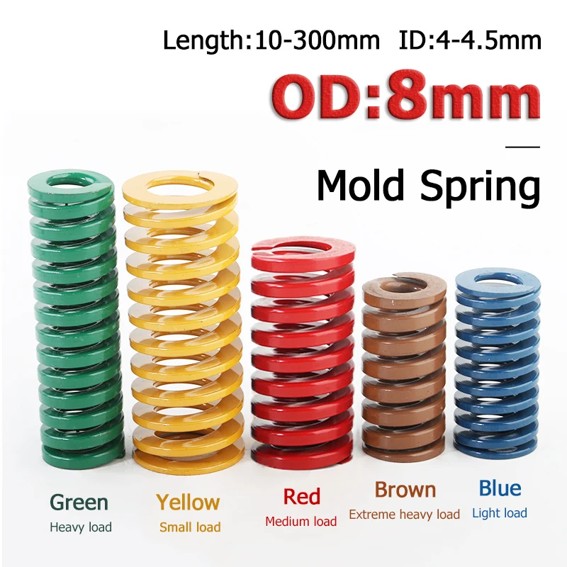 

1-10pcs OD 8mm Mold Spring Compression Spring Loading Die 5-type ID 4.1/4.3/4.5mm Length 10-300mm Yellow/Blue/Red/Green/Brown