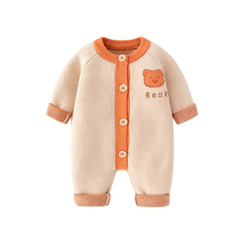 Spring Autumn Ins 0-2 Year Newborn Boy Onesies Knitted Cartoon Bear Letter Baby Boys Jumpsuit Patched Cotton Infant Boy Bodysuit