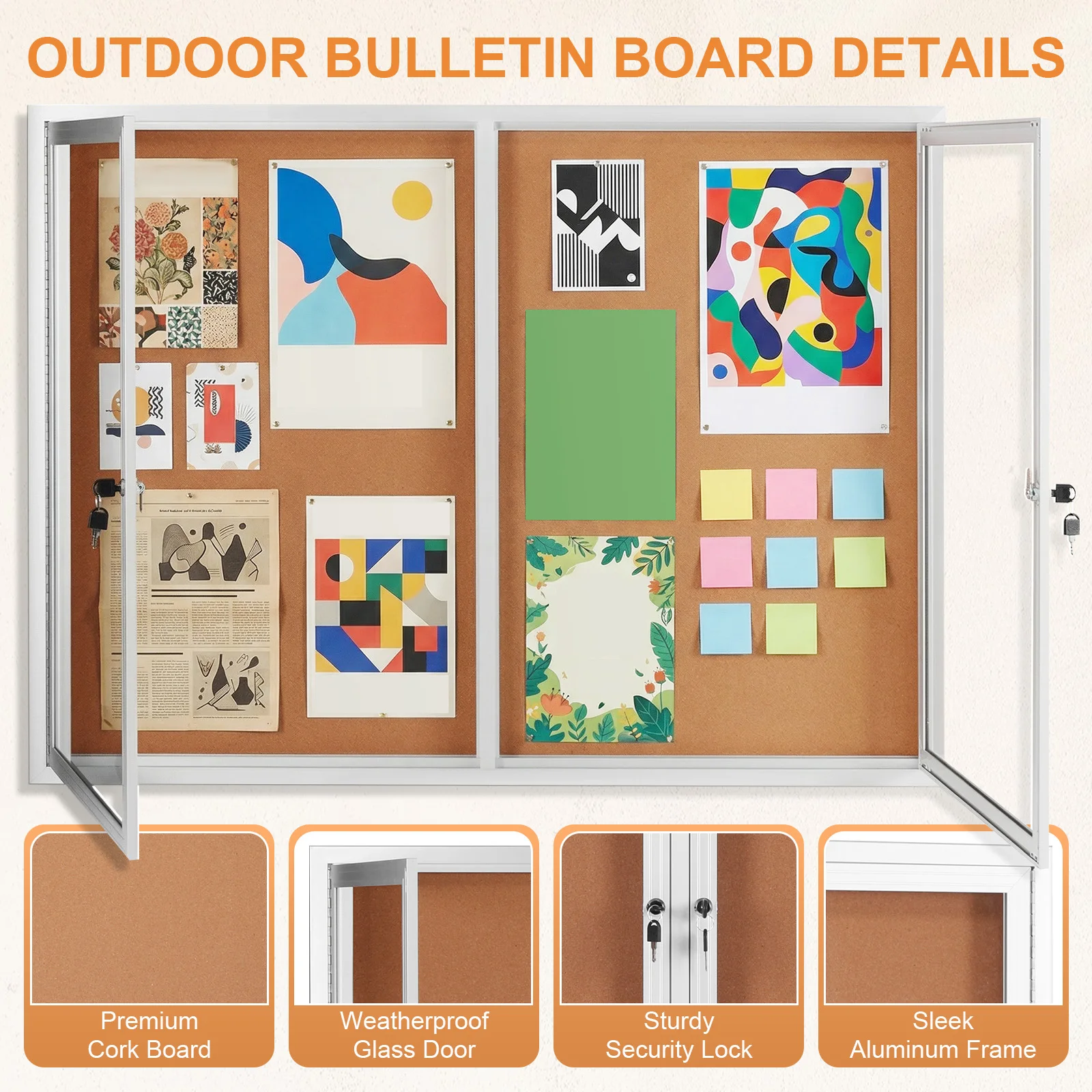 

Wooden Cork Board Office Noticeboard Aluminum Frame Enclosed Cork Board & Glass Locking Door Display Board Classroom Pin Board