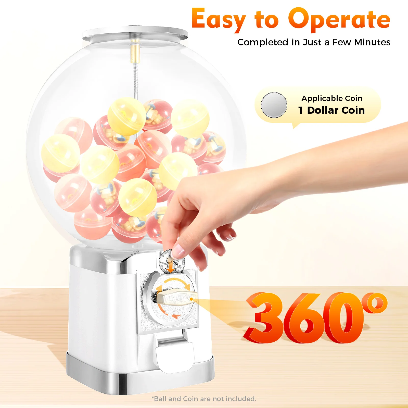 LM-202B 500 Capacity 1 Dollar Coin White Twister Ball Dispenser Vending Machine with Security Lock