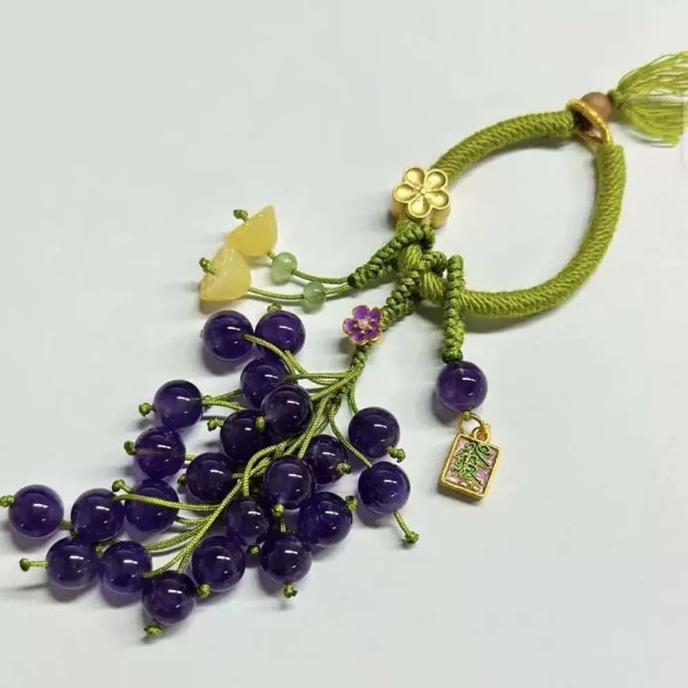Elegant Grape Cluster Pendant Alloy Green Crystal Grape Phone Chain Purple Polyester Gradient Beads Woven Pendant