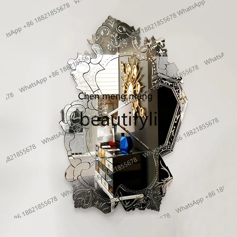 Light luxury entrance guest restaurant wall-mounted decorative mirror retro, carved mirror full-length mirror2936
