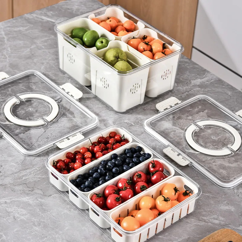 Refrigerator Storage Box 4 Grids Food Storage Box with Lid & Handle Kitchen Drain Basket Fresh Vegetable Fruit Fresh-keeping Box