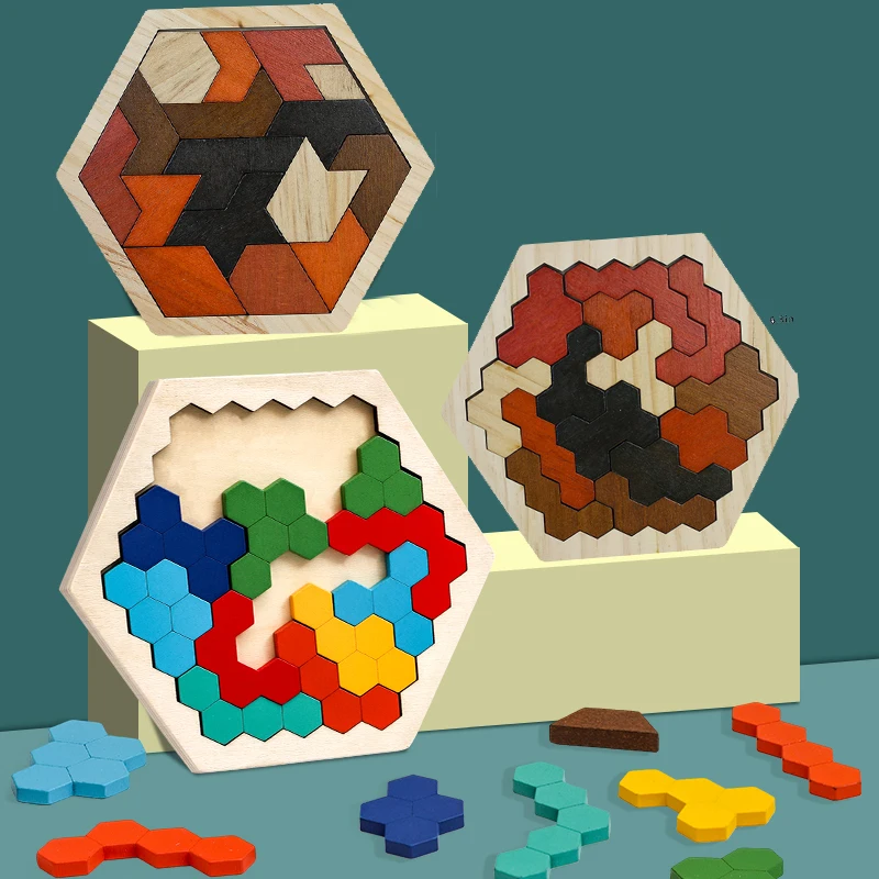 Drewniane sześciokątne puzzle dla dzieci i dorosłych, blok Tangram łamigłówka zabawka geometria logika gra IQ Montessori prezent edukacyjny