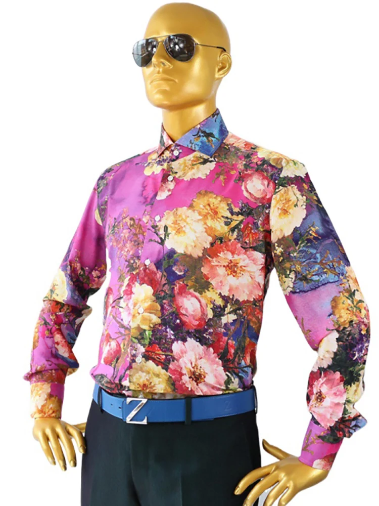 

Custom Tailor Made Men's Bespoke Cotton Floral Shirts Business Formal Wedding Ware Blouse Pink Large Rose Flower Fashion