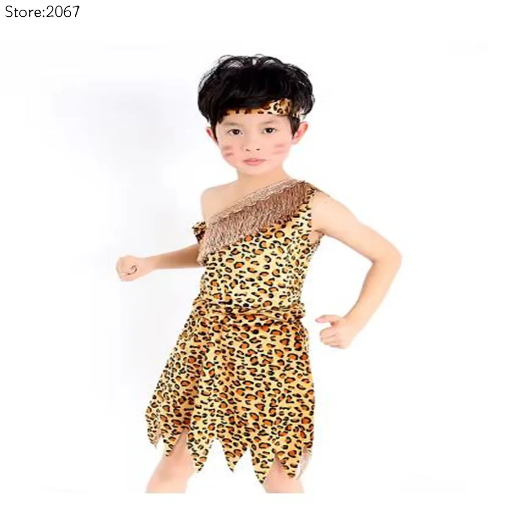 Children Savage Caveman Costumes Boy and Girl Leopard African Tribal Hunter Clothes Native American Modern Dance Performance Set view 3