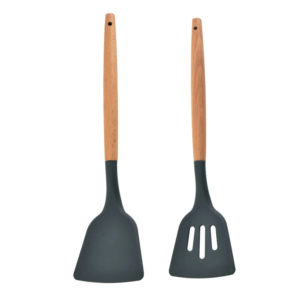 

2Pcs Kitchen Silicone Spatulas Dark Grey Heat Resistant Non-Stick Pot Cooking Tools Wooden Handle Multipurpose