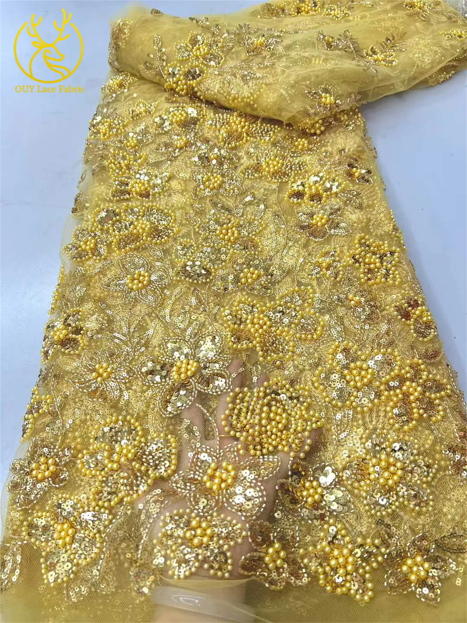 Grüner afrikanischer Perlen-Tüll-Spitzenstoff 2026 Hochwertiger nigerianischer Pailletten-Spitzenstoff, ideal für Partykleider und Hochzeitskleider – Detail 11