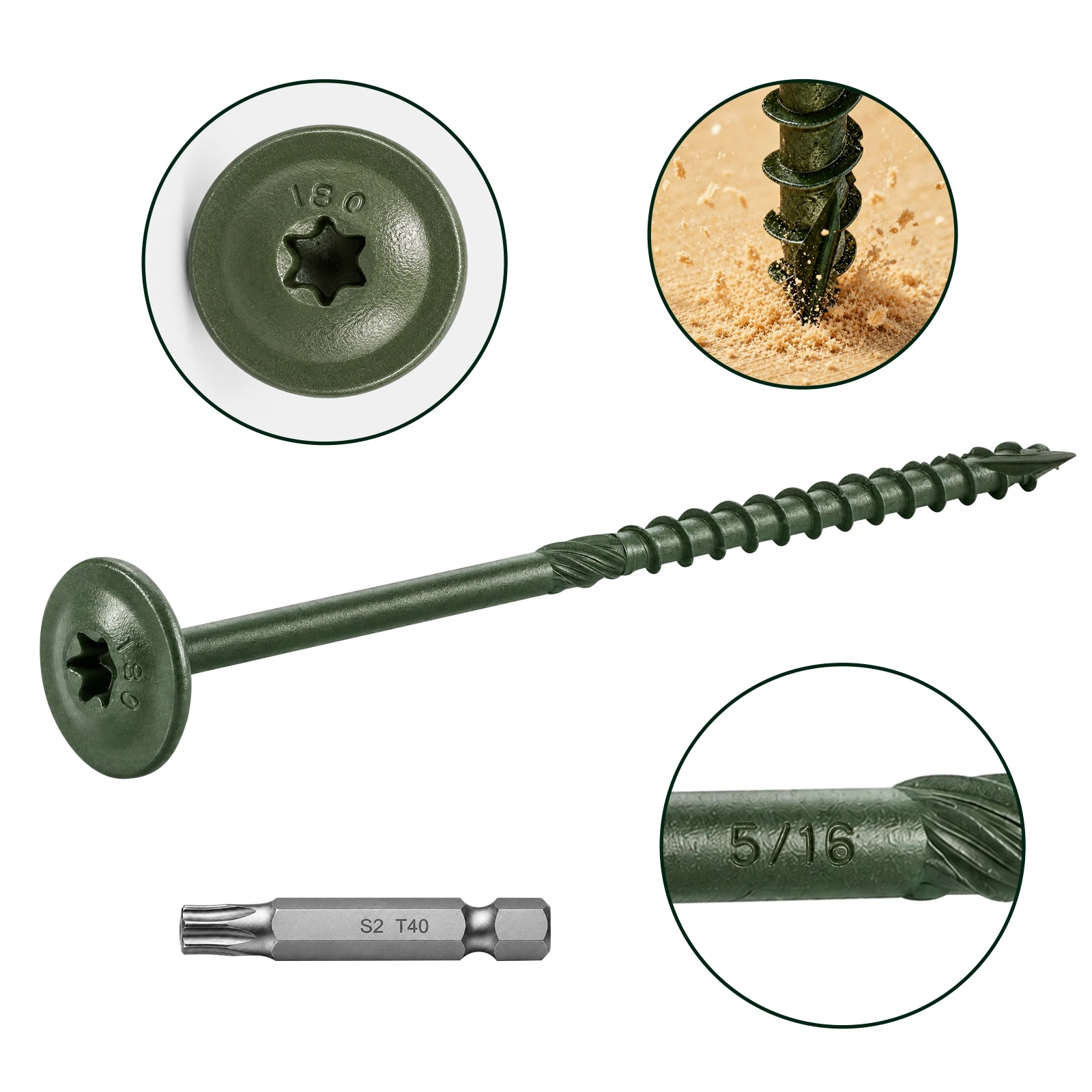 50PCS #17 x 8.6 Inch Structural Wood Screws 5/16 Heavy Duty Timber Lag Screws Torx Drive Green Coated Exterior Fasteners