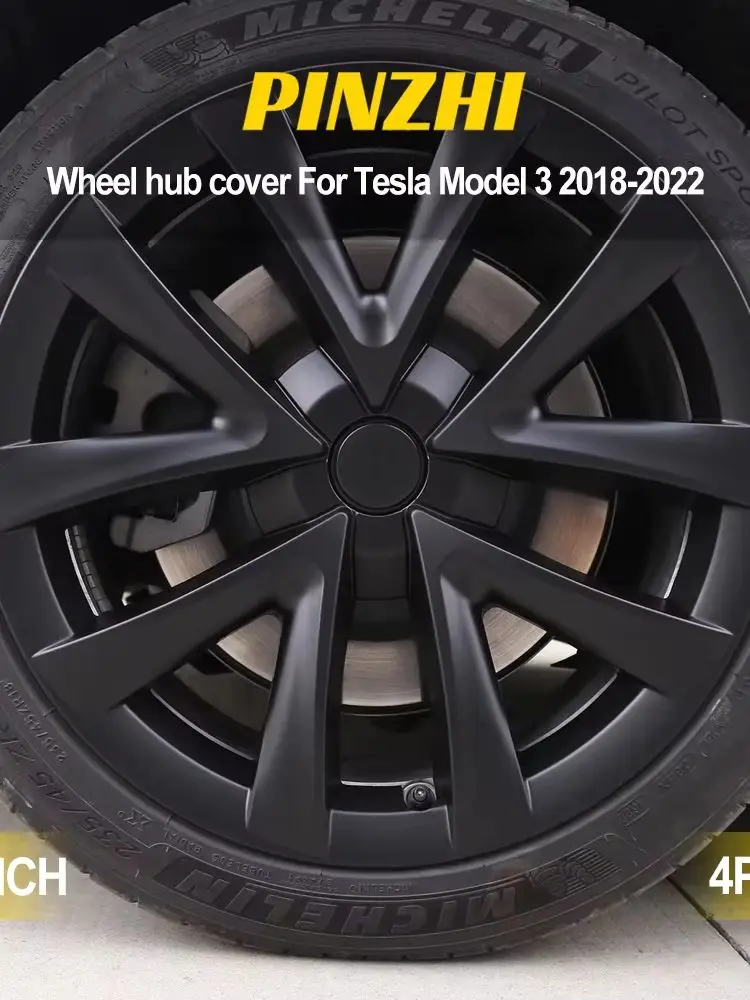 4 Stück Radkappen Passend für Tesla Model 3 Radabdeckung 18 Zoll Matt Schwarz Logo-Unterstützung Long Range Minimalistisches Design 2018-2022