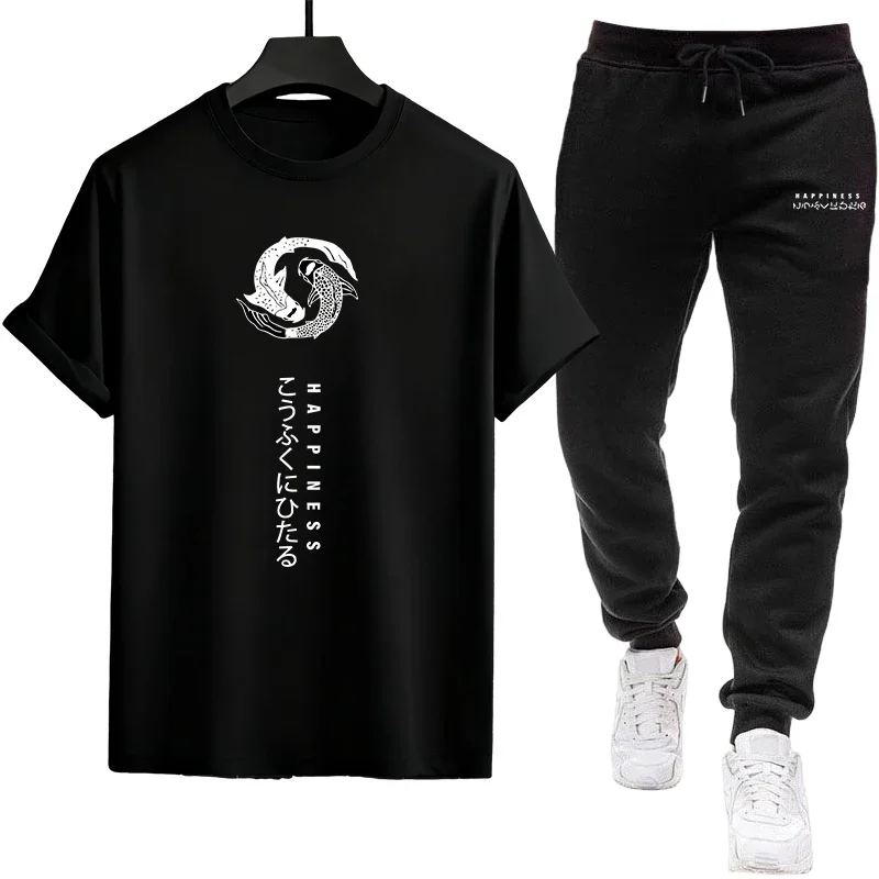 

Mens Japanese Fashion Tshirt Sweatpants Set Urban Streetwear Casual Outfit Comfortable Spring Summer Home Outdoor Male Tees Wear