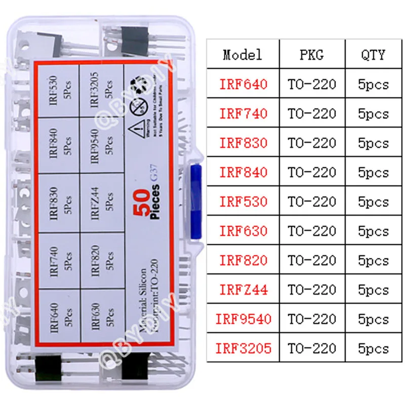 50 stks 10 Types Mosfet Transistors Assortiment Kit IRF640 IRF740 IRF830 IRF840 IRF530 IRF630 IRF820 IRFZ44 IRF9540 IRF3205 Serie