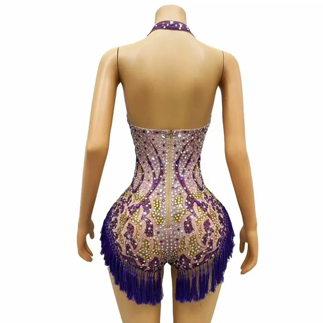 Sleeveless Photoshoot Outfit Flashing Silver Purple Fringes Rhinestones Leotard Evening Birthday Celebrate Bodysuit Costume