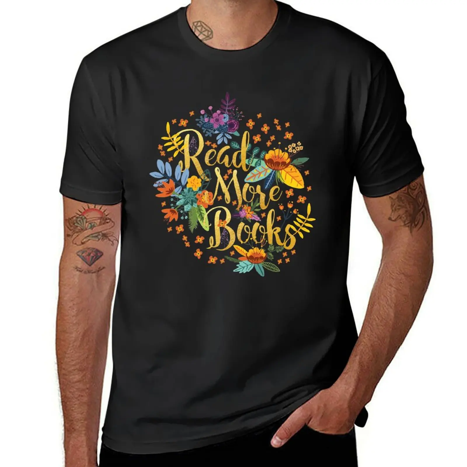 Read More Books - Floral Gold T-Shirt oversizeds aesthetic clothes heavyweights plain white t shirts men