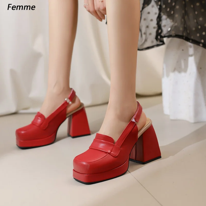 Femme Women's Red Platform Heels, Chunky Block Heel, Slingback Mule, Loafer Style Ladies US Size 35-48