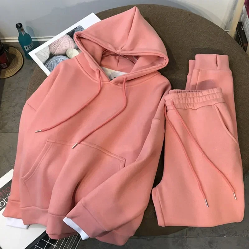 Women Two Pieces Sets Hoodies+Pants Solid Color Tracksuit Autumn Winter Fleece Thick Warm Outfits Female Casual Clothing Suits