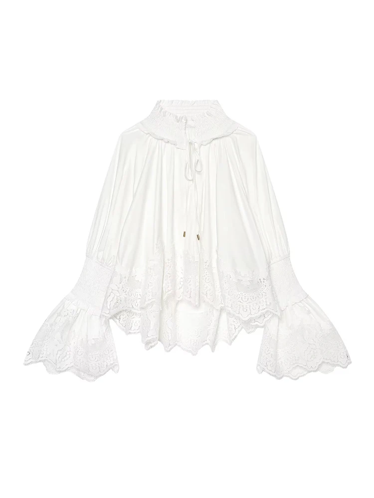 TFMLN Women's Lace Embroidery Blouse 2026 Elegant Stand Collar Long Flare Sleeve Lace-up Loose Vintage Party Shirt Summer New - view 2