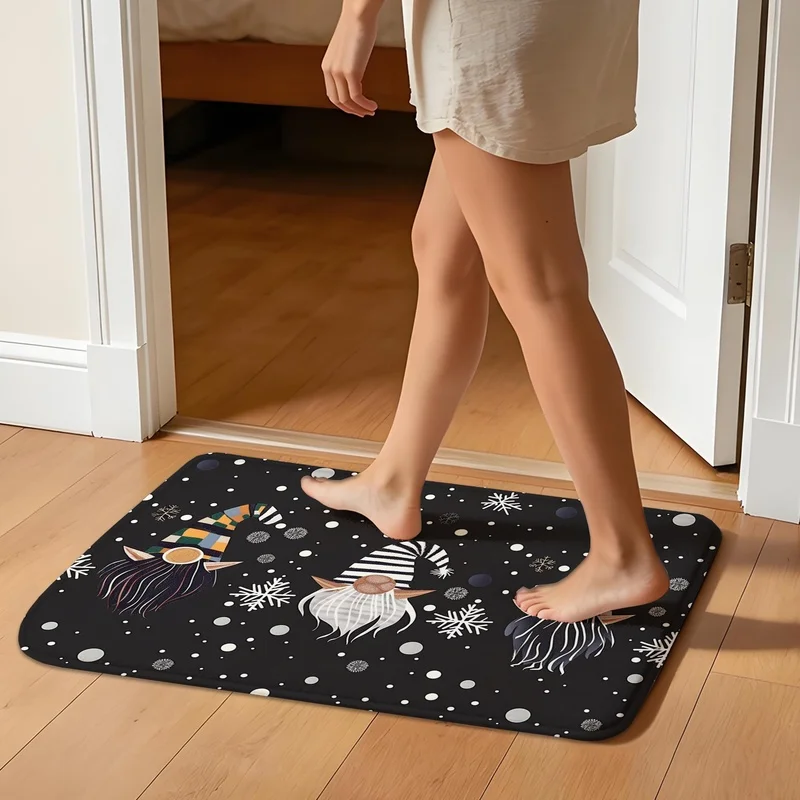 Christmas Gnome Print Doormat Non Slip Absorbent Floor Mat Snowflake Pattern Bathroom Entryway Home Decor Rug