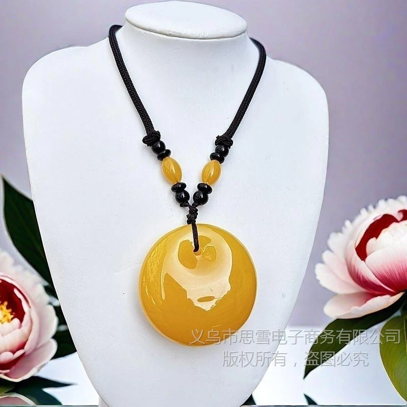 Chicken Oil Yellow Pendant, Amber Water Drop Carved Necklace, Long Ethnic Style Vintage Sweater Chain for Men and Women