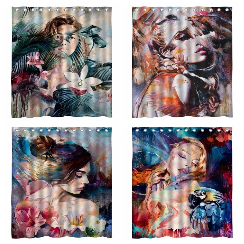 Girls In Flowers Parrot Spring Female Shadow Portrait Art Oil Painting Style Romantic Dreamy Series Shower Curtain By Ho Me Lili