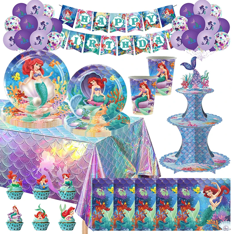 Disney Mermaid Princess Birthday Decoration Tableware Balloon Set Sea\'s Daughter Girl Party Theme Event Supplies Banner Backdrop