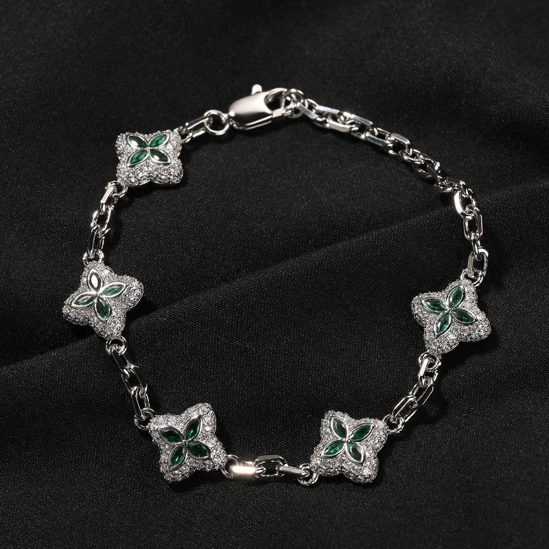

Colorful Flower Zircon Clover Bracelet Aaa Cubic Zirconia Accent Brass Link Chain Elegant Statement Jewelry For Women Party Gift