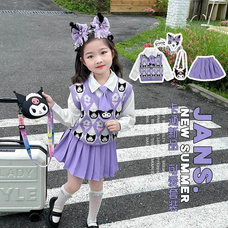 

Halloween Sanrio Kuromi College Dress Girl Knitted Tank Tops Skirt Set Girl Long Sleeves Clothes Print Clothing Festival Gift