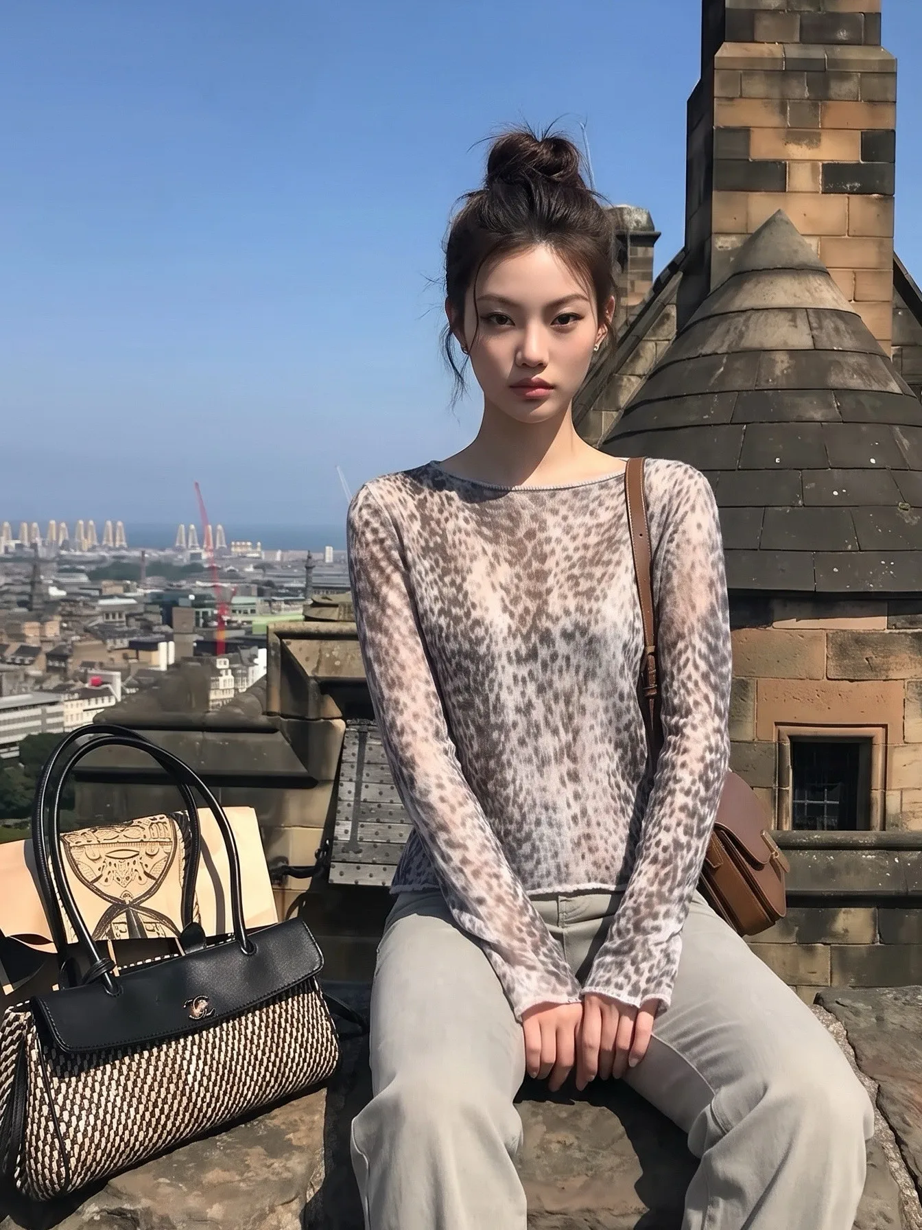 Retro Leopard Print Knitted Long Sleeve Casual Slim Fit Women's T-Shirt Shoulder Baring Top Comfortable Soft Medium Thickness