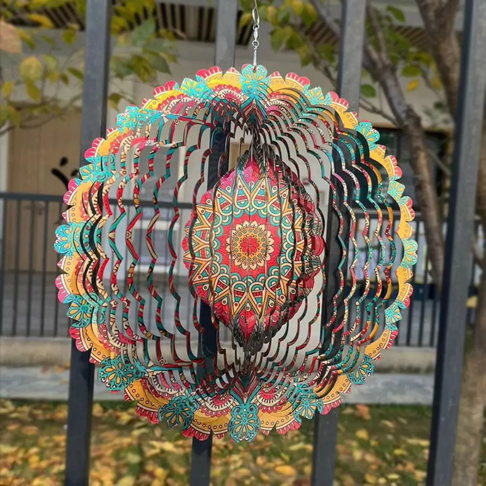 Creative Iron Rotating Wind Chime Mandala Pattern Garden Pendant 3D Color Wind Chime Home Decor Art Windmill