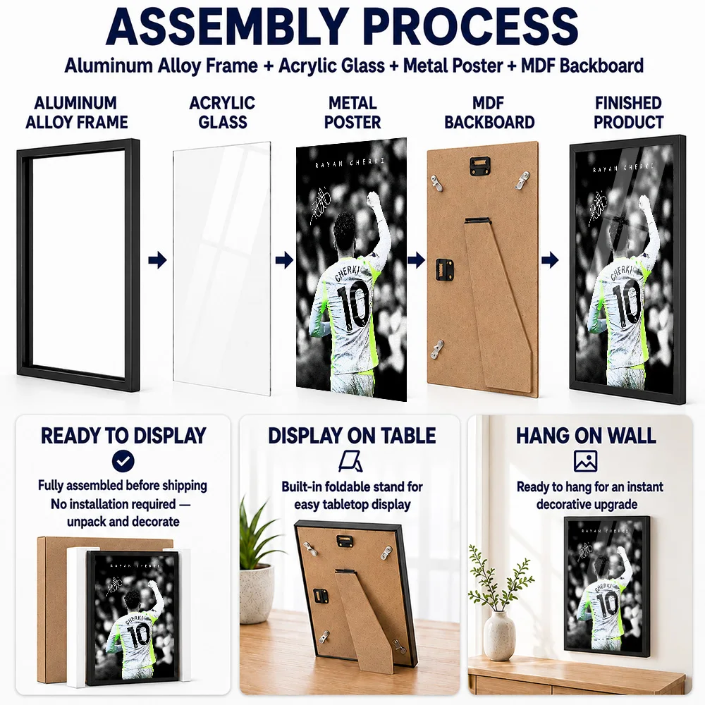 Rayan Cherki Football Jersey Metal Poster With Aluminum Alloy Frame Personalized Photo Bold Stadium Style Wall Art For Bedroom