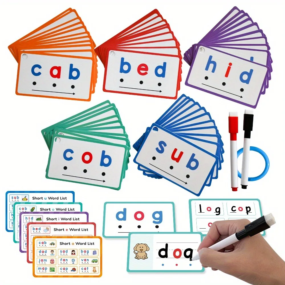 Dry Erase Handwriting Flash Cards 60pcs Phonics CVC Words Phonics Game Beginning Phonics Word Builders Spelling Reading Words