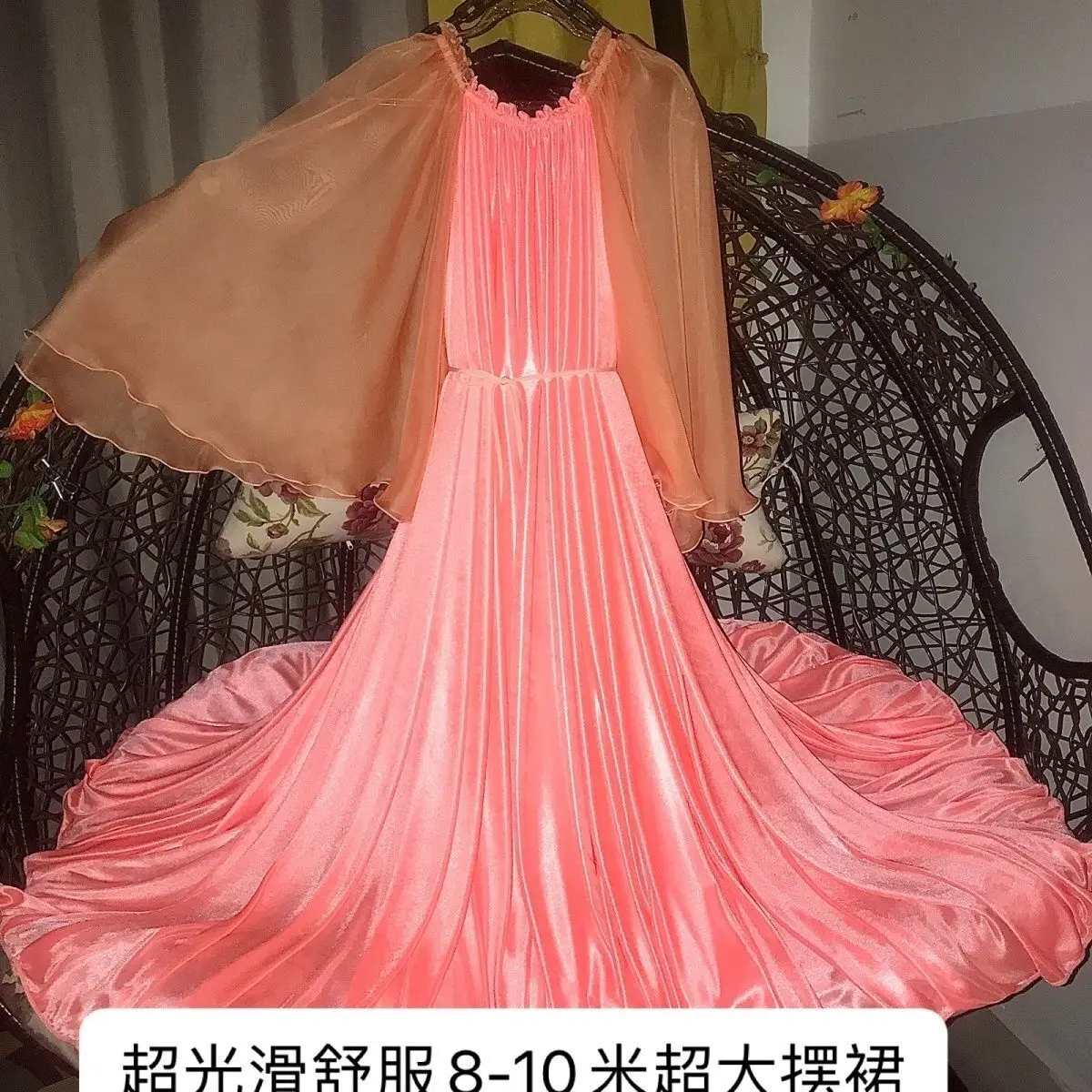 Glossy Orange Women Chiffon Mesh Satin Ruffles Long Maxi Dress Elegant Dresses