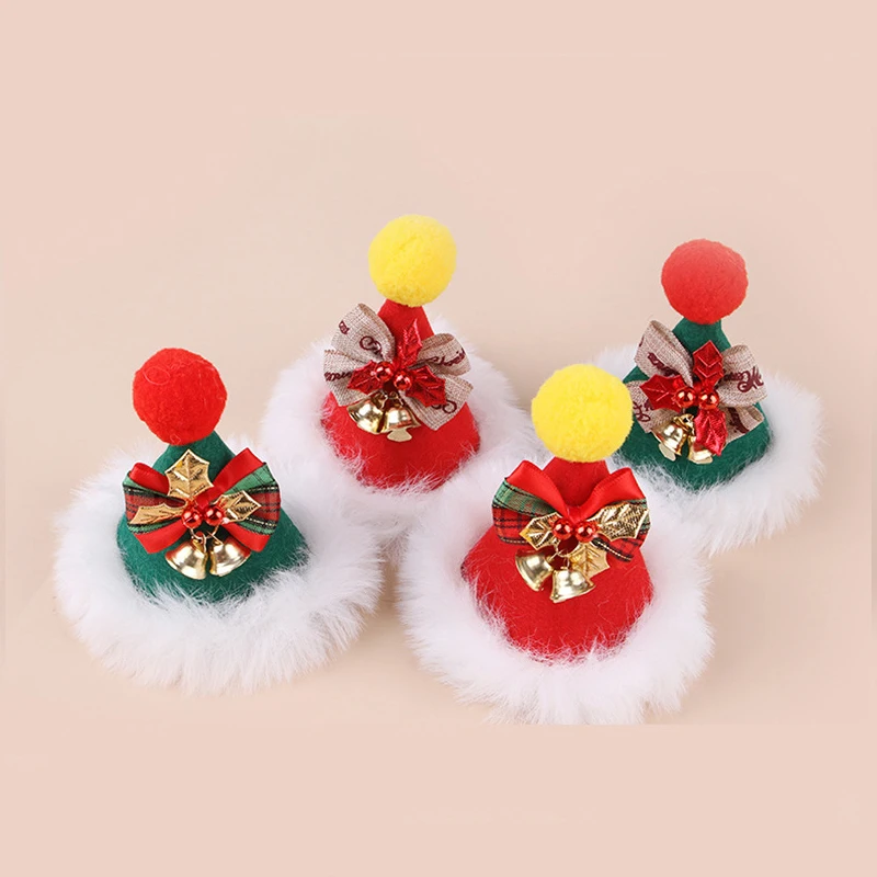 Pet Mini Plush Christmas Hat Cute Felt Ball Bowknot Bell Santa Hat Cats Dogs Xmas New Year Party Caps Pet Navidad Costume Decor