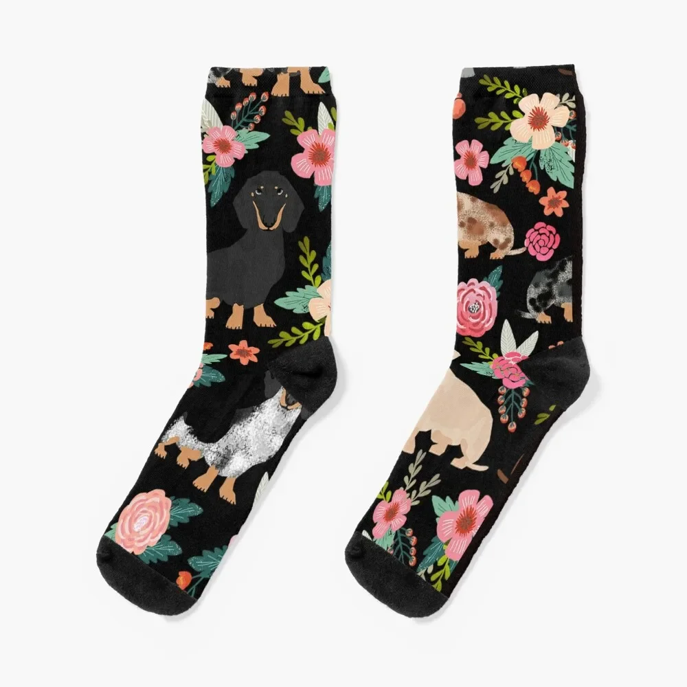 

Dachshund Dog art with flowers Socks kids cartoon man valentine gift ideas Socks Men Women's