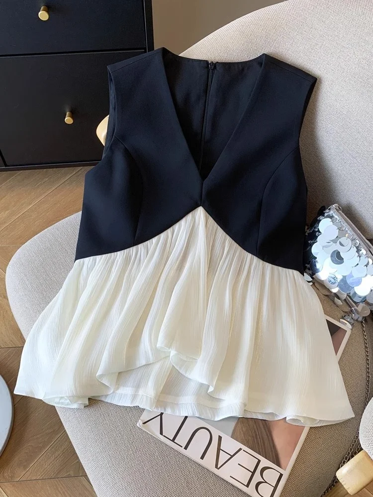 Slim Fit Color Block Vest Women's Summer New Design V-neck Sleeveless Top Korean Style Commute Wind Regular Thickness