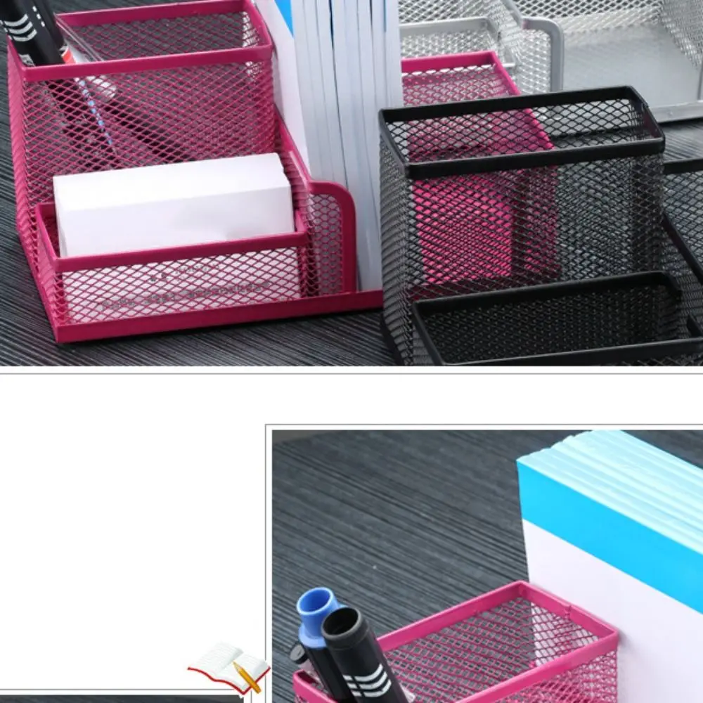 3/4 Grid Metal Mesh Pen Holder Hollowed-out Creative Pencil Storage Box Multi-Purpose Large Capacity Desktop Storage Container