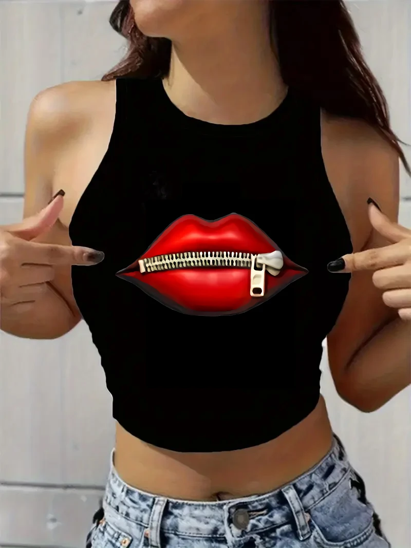 Y2k Lustiges Lippen-Print 90er Jahre Crop-Top für Damen Ärmelloses Tanktop Stylische Weste Kurzes Oberteil Lässiges Shirt Mode