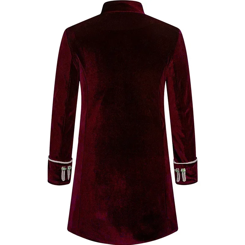 Men Steampunk Gothic Victorian Jacket Vintage Wine Red Velvet Tailcoat Medieval Frock Coat Uniform Party Halloween Costume Homme