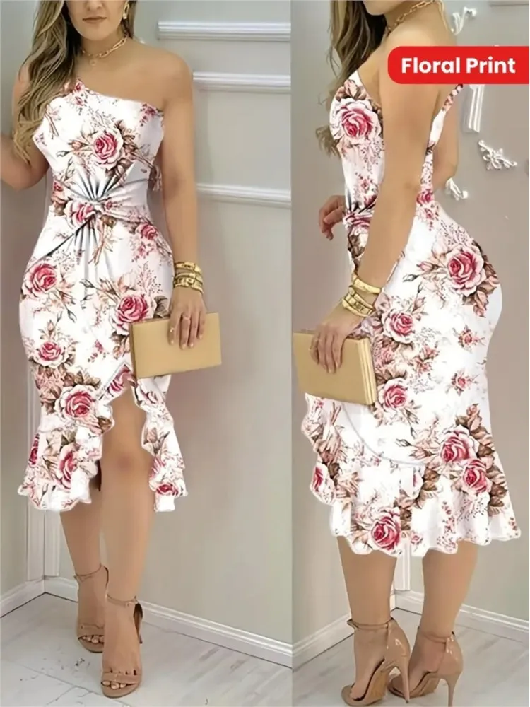 

Women's New Fashion Sexy Bodycon Dress Summer Floral Print Twisted Ruffle Temperament Tight Midi Dresses For Women Vestidos